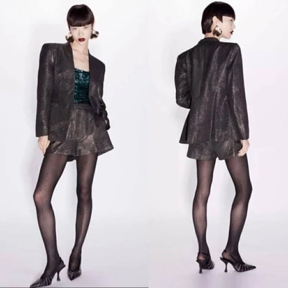 New Zara Festive Days Lapelless Jacquard Black/Gold Blazer Suit Jacket NWT Small